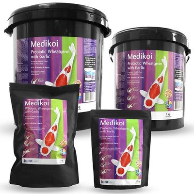 Medikoi probiotic wheatgerm with garlic packaging in various forms on a white background