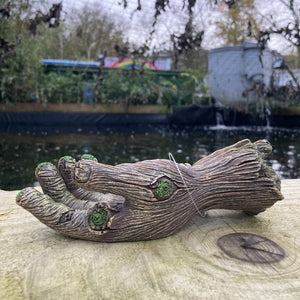 Tree man's hand with a koi pond in the background